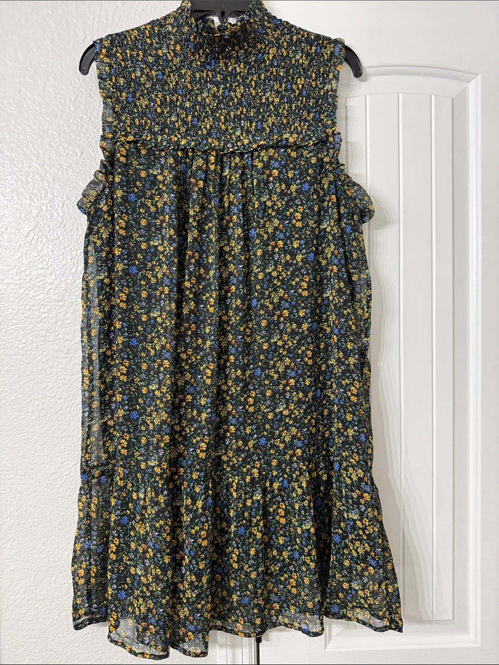 Woman’s Black Floral Smocked Mock Neck Dress